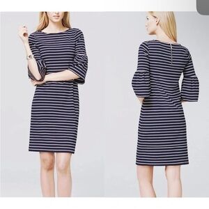 White House Black Market WHBM Navy Blue White Striped Bell Sleeve Dress Medium